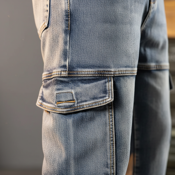 Heavy-duty men's field cargo pants, built tough from durable denim for work & lasting comfort.