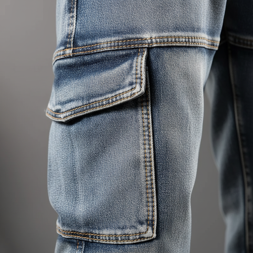 Comfortable men's utility cargo jeans with practical pockets, ideal workwear for rugged tasks.