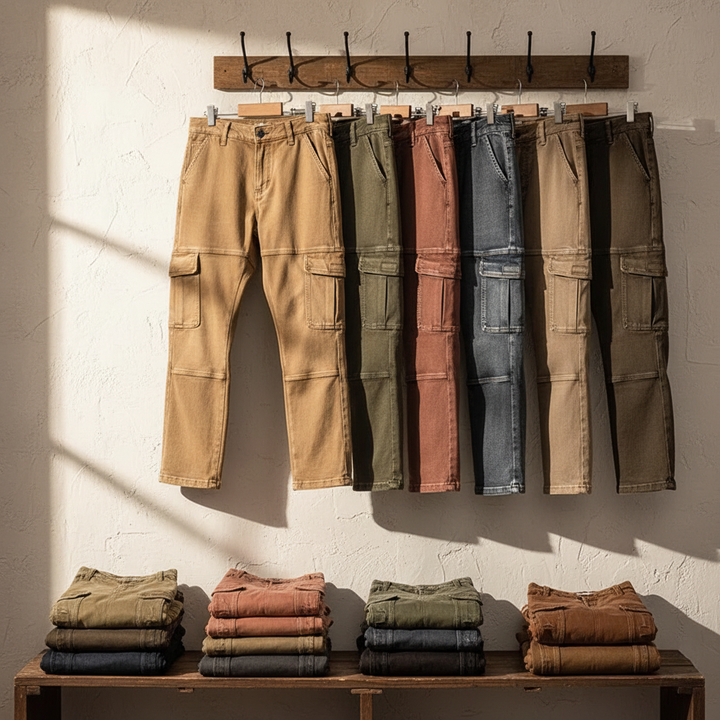 Modern men's cargo denim jeans, combining casual fashion with essential workwear utility features.