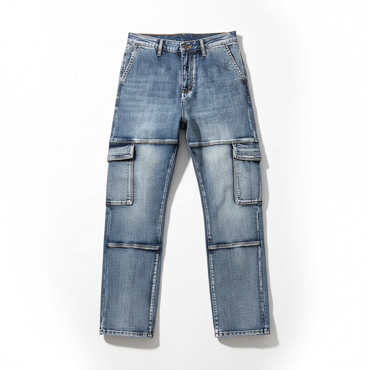 Detailed view of men's durable cargo jeans pocket, showcasing rugged construction & utility design.