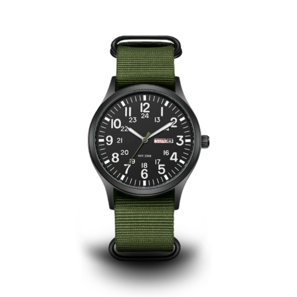 Men's durable field watch with luminous dial, water resistant for outdoor adventures. Rugged quartz military-style timepiece.
