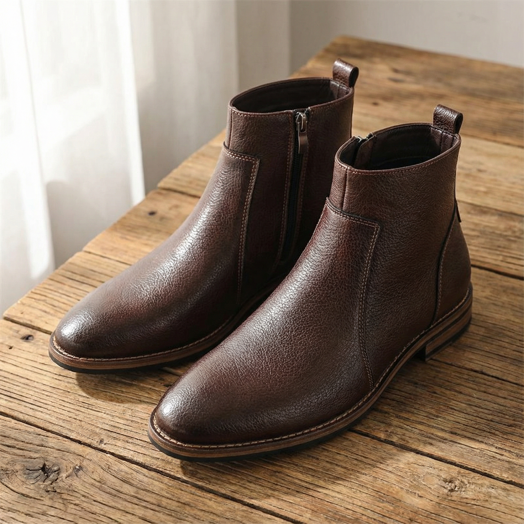 Dark brown men's full-grain leather ankle boots for comfort, durability & city wear.