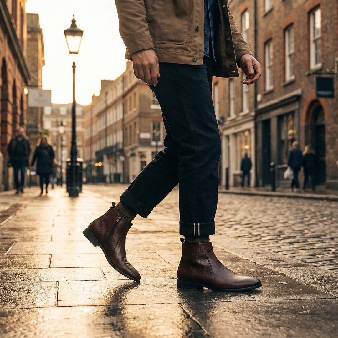 Comfortable men's full-grain leather ankle boots, ideal for long days on your feet.