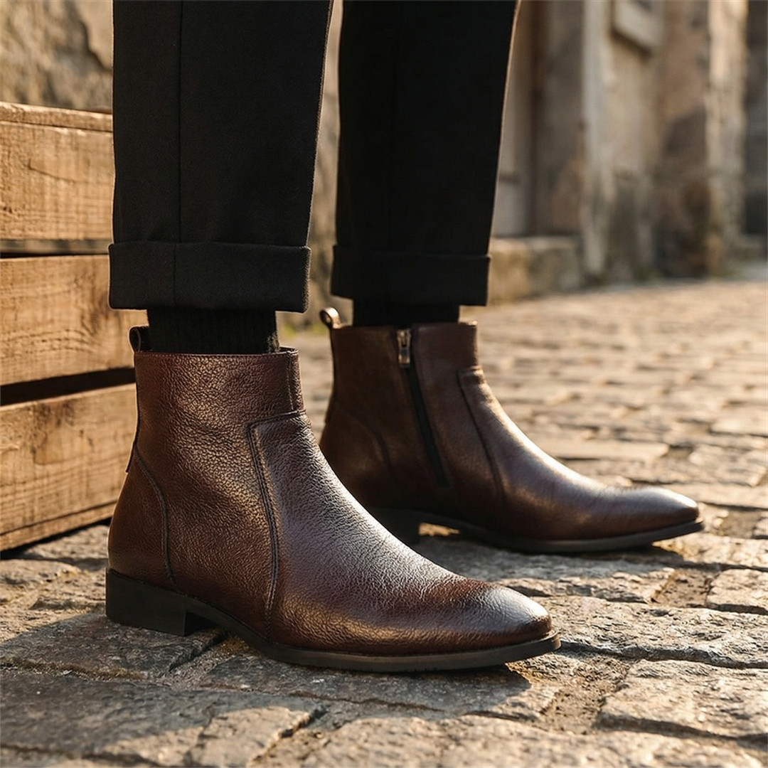 Stylish black men's full-grain leather ankle boots, versatile for work or urban adventures.