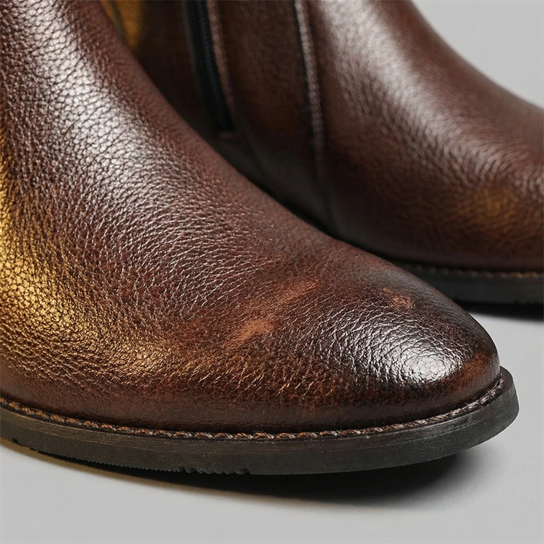 Men's durable work boots: black full-grain leather ankle design for tough jobs & all-day support.