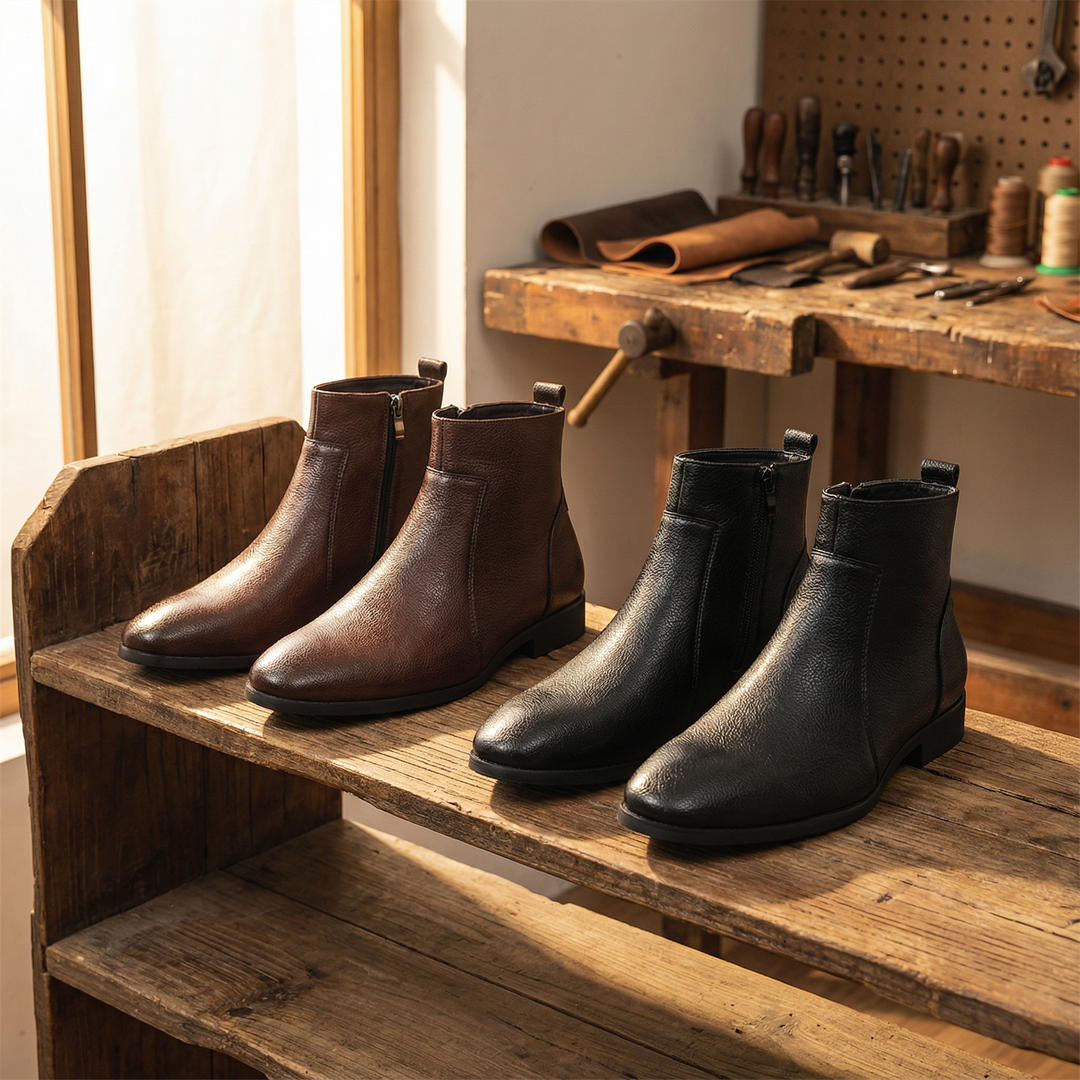 Men's fashionable city boots: dark brown full-grain leather ankle design, comfort & long-lasting wear.