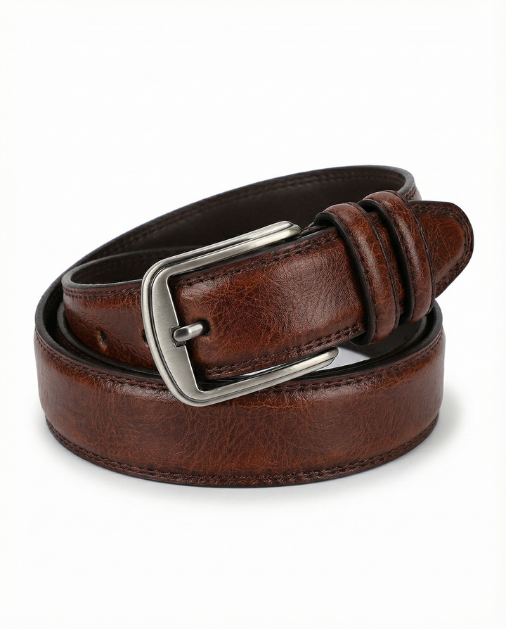 Men's durable full-grain leather belt with a classic silver buckle, perfect for everyday wear and lasting style.