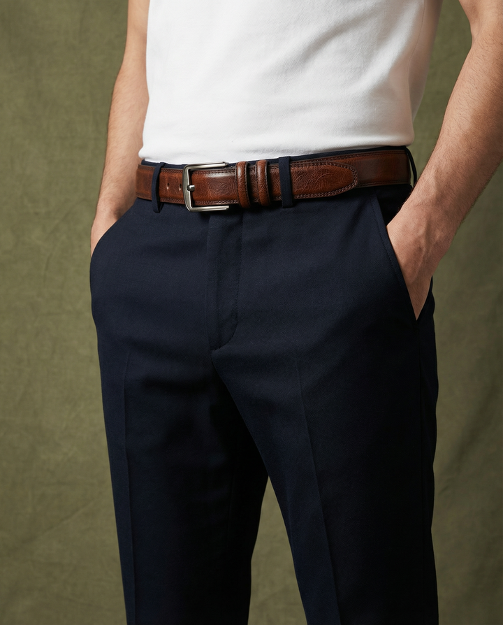 Robust full-grain leather men's belt, offering superior durability and lasting style for daily use. A premium accessory.