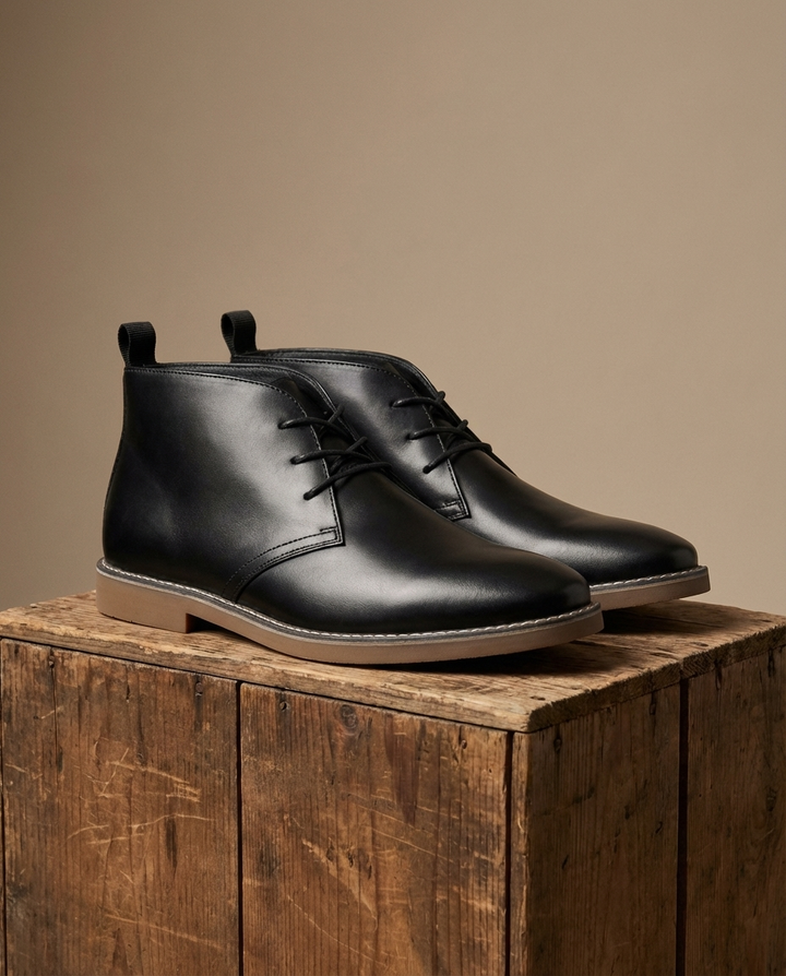 Close-up of premium full-grain leather on men's durable desert boots, showcasing rich texture.