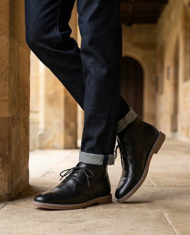 Rugged sole of men's durable leather desert boots, built for traction and long-lasting comfort.