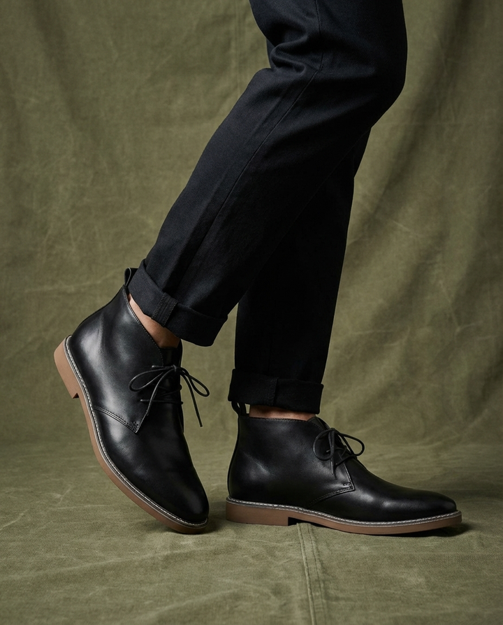 Side view of men's durable leather desert boots, classic design for versatile casual & work fashion.