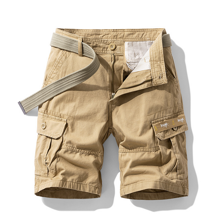 Men's durable khaki cargo shorts, perfect for outdoor adventures & daily casual wear.