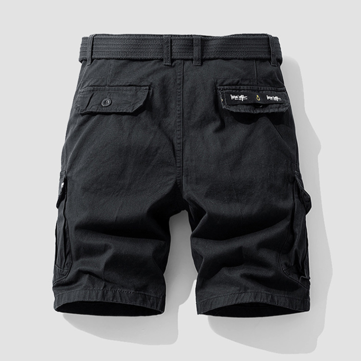 Back view of men's durable cargo shorts, showing reinforced seams & additional utility pockets.