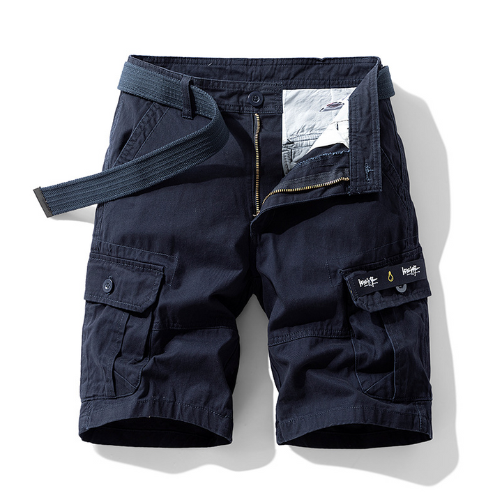 Black men's durable cargo shorts, essential utility wear for adventure & daily casual fashion.