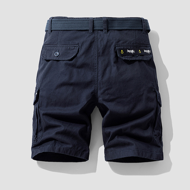 Front view of men's khaki cargo shorts, showcasing practical design & sturdy construction for outdoor wear.