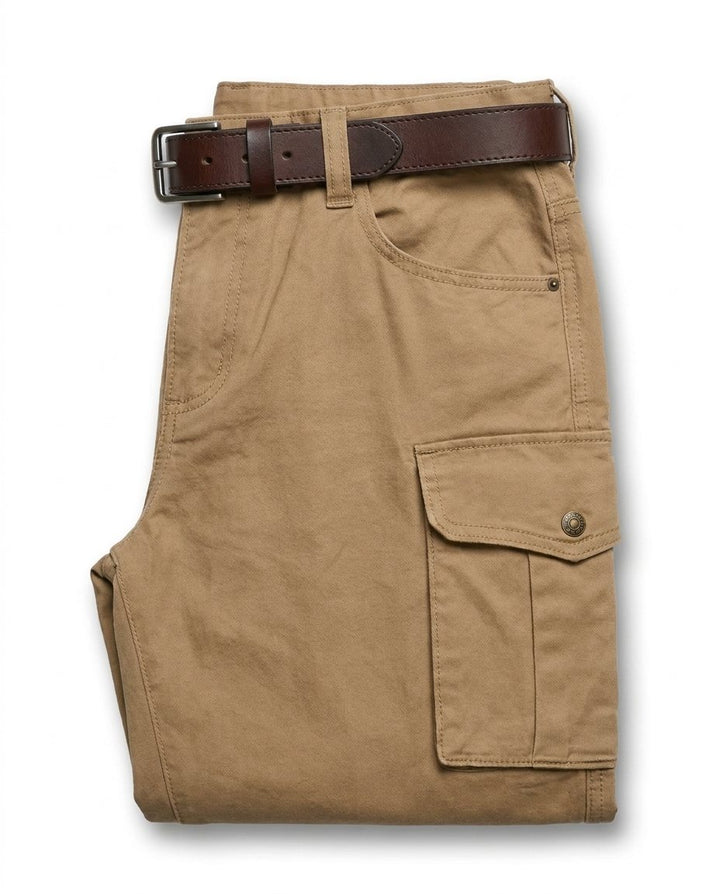 Men's durable leather cargo pants in a relaxed fit, featuring multiple utility pockets for rugged outdoor wear.