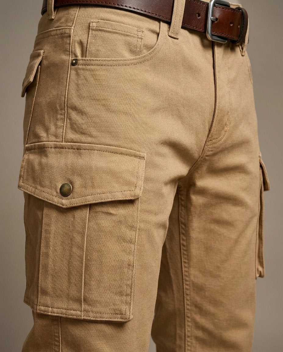Black men's heavy-duty leather cargo pants, perfect for utility wear, work, and rugged fashion.