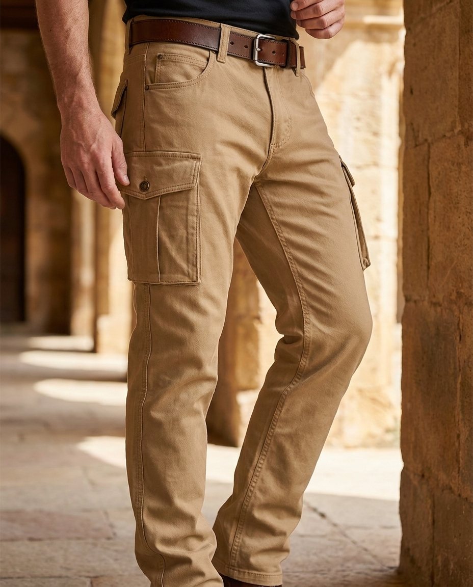 Army green men's durable leather cargo pants, relaxed fit for outdoor gear & heavy-duty workwear.