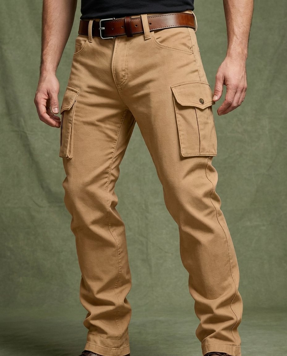 Khaki men's leather cargo pants, built for durability & utility, ideal for work, and rugged outdoor adventures.