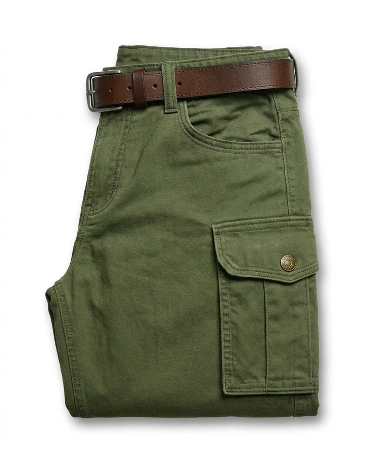 Men's durable leather cargo pants with spacious utility pockets, great for heavy-duty work & outdoor use.