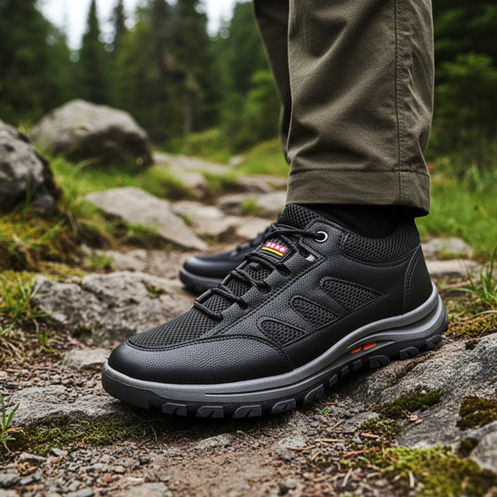 Men's durable leather hiking shoes for outdoor trekking in rugged terrain