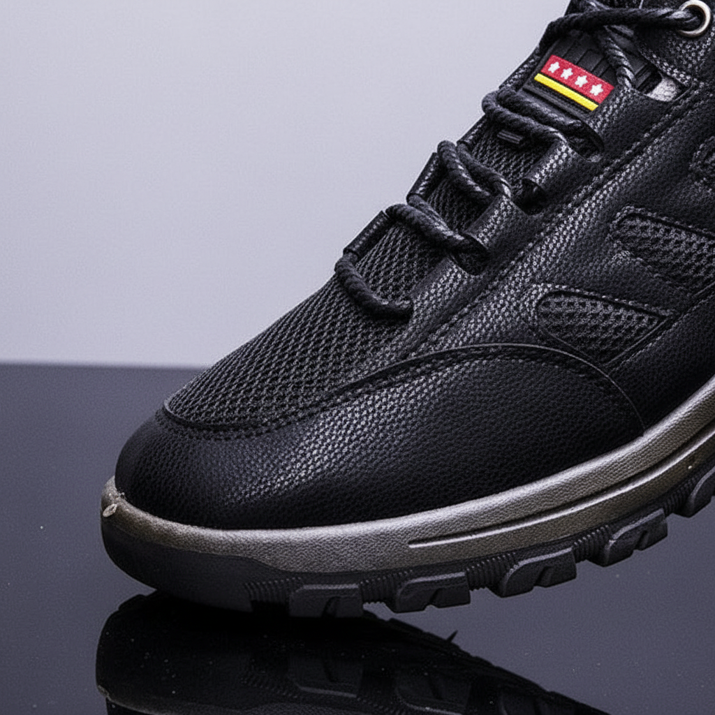 Side view of comfortable athletic men's leather hiking boots, all-weather ready
