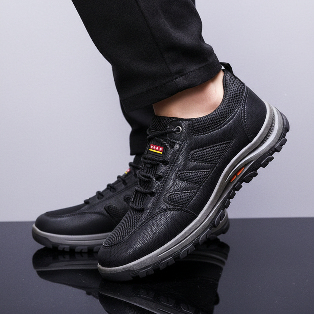 Front view of men's sturdy leather outdoor footwear with durable sole