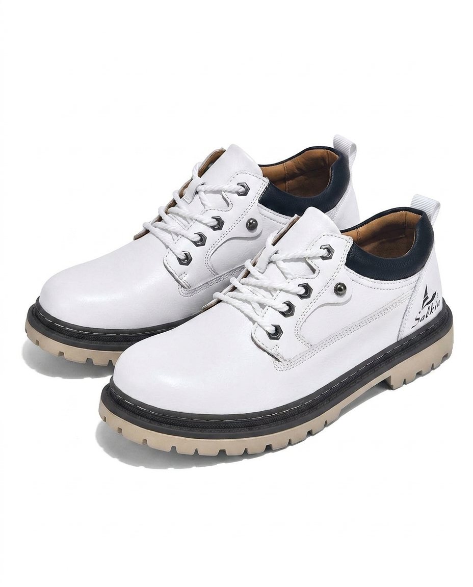 Step confidently in men's durable leather work boots, offering all-day comfort, rugged style, & all-terrain grip.
