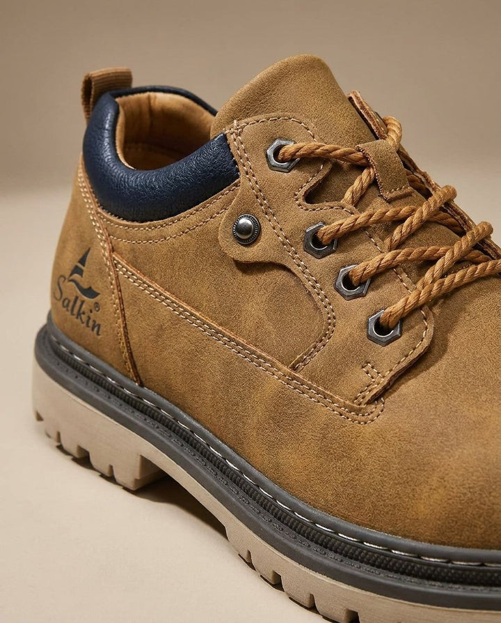 Rugged men's leather work boots offering durable comfort & versatile style for work, hiking & casual wear.