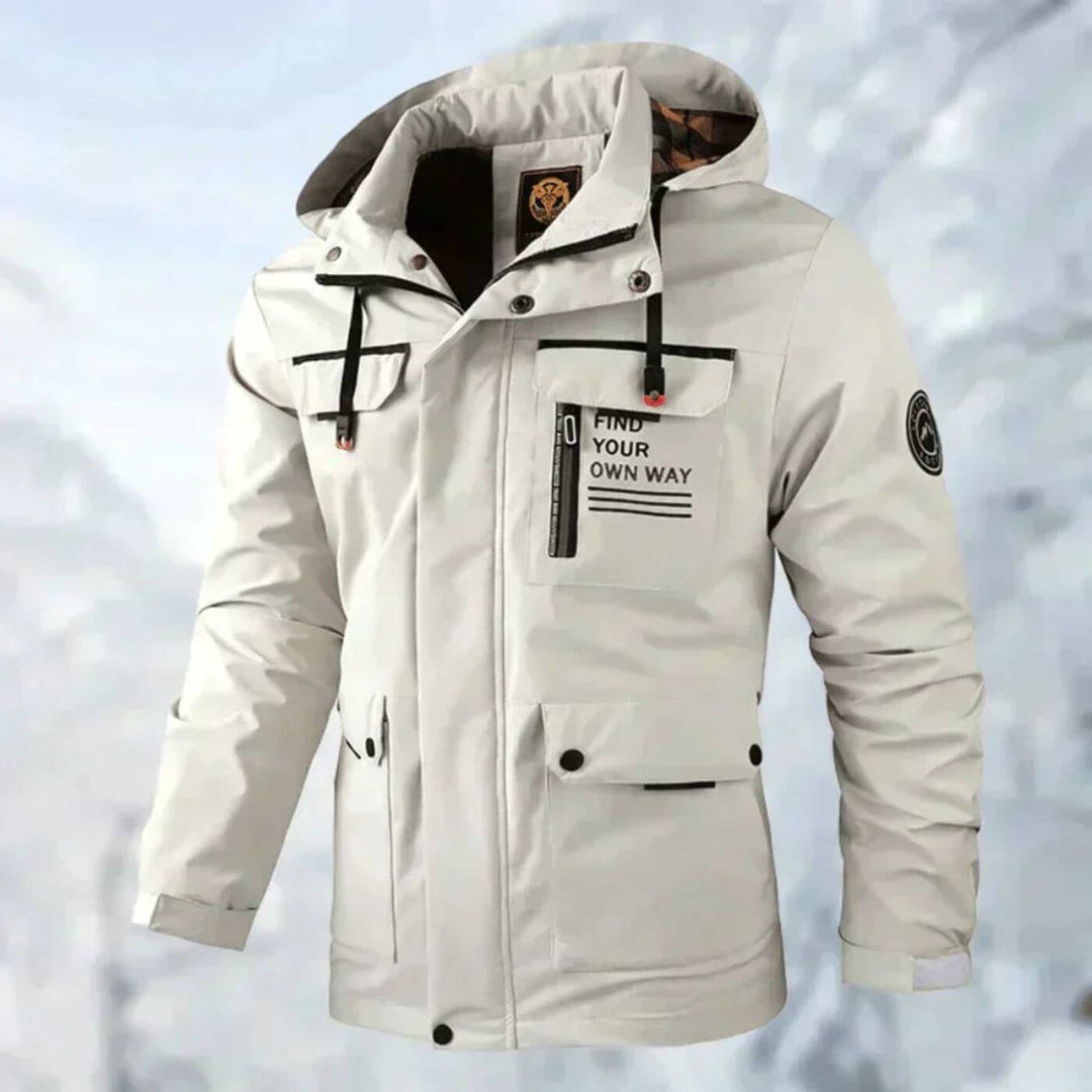 Stylish men's all-season outdoor jacket. Perfect for casual wear, travel, and everyday rain & wind protection.
