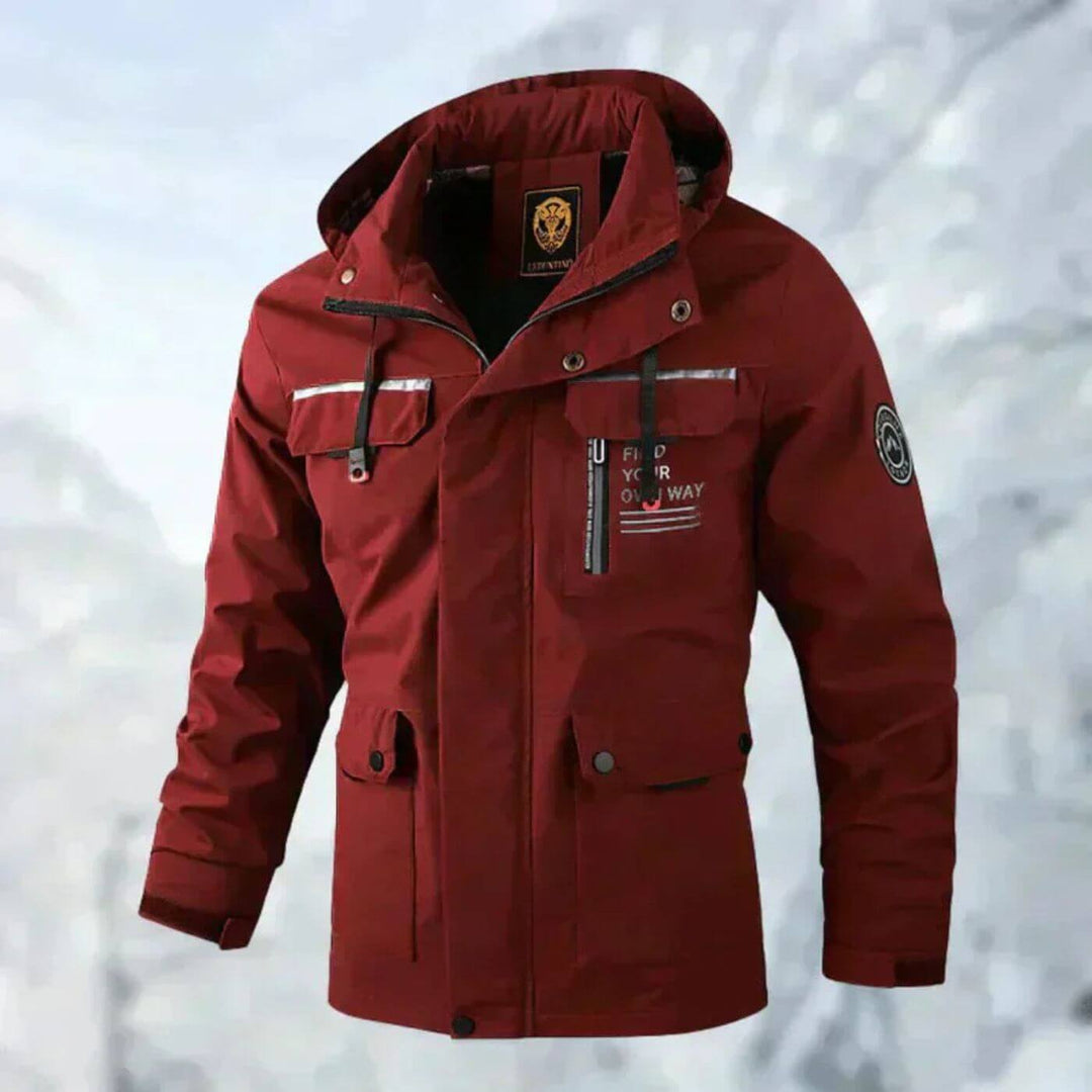 Front view of men's rugged all-season outdoor jacket, offering superior wind, rain, and cold weather protection.