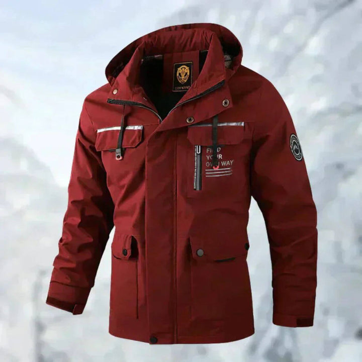 Front view of men's rugged all-season outdoor jacket, offering superior wind, rain, and cold weather protection.