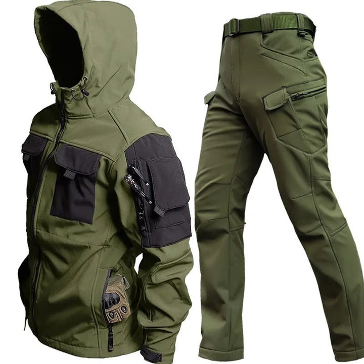 All-weather men's outdoor sportswear set, designed for adventure. Durable and comfortable activewear.