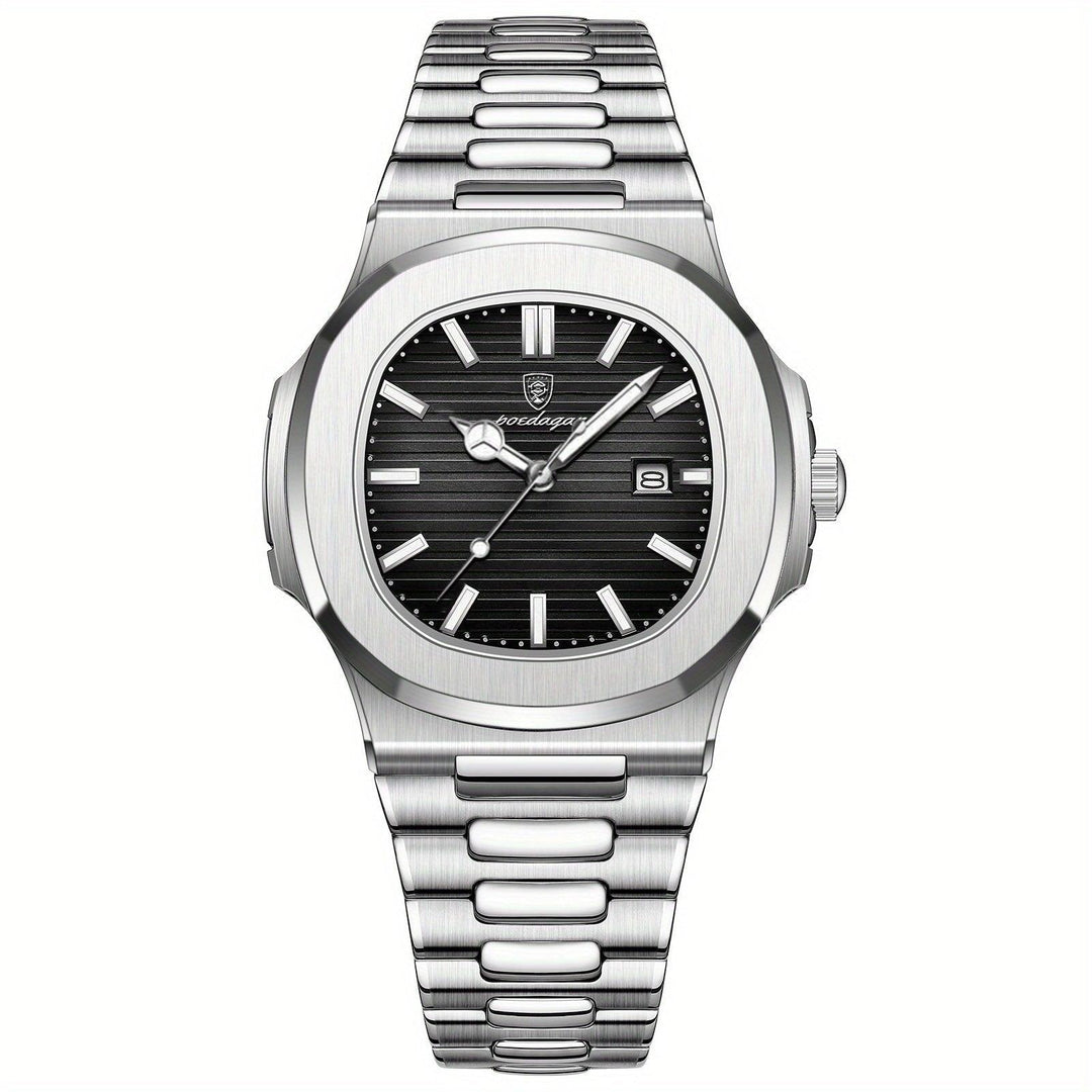 Splash-proof men's quartz watch with a durable stainless steel bracelet, reliable and stylish.