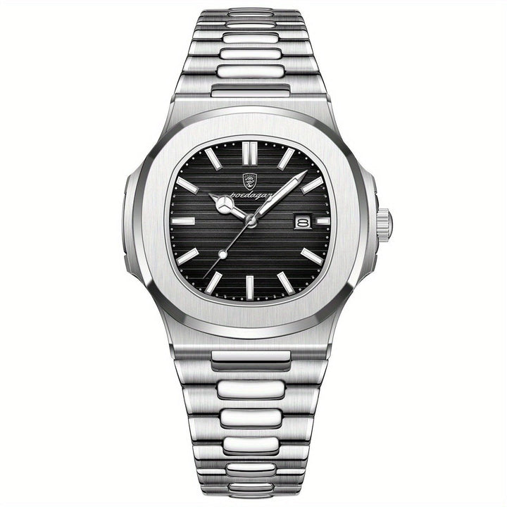 Splash-proof men's quartz watch with a durable stainless steel bracelet, reliable and stylish.