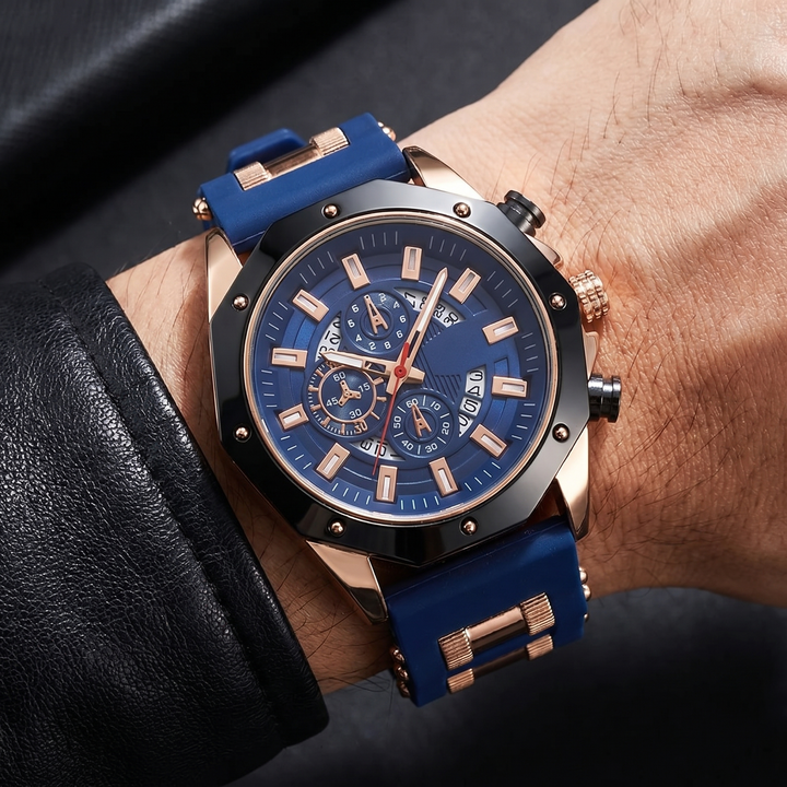 Men's durable stainless steel watch with black silicone strap & sapphire crystal. Classic sport style.