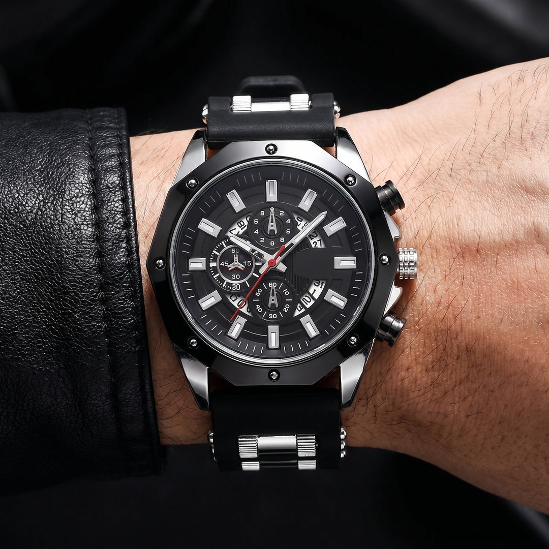 Gold stainless steel men's watch with black silicone strap & rectangular markers. Stylish & durable.