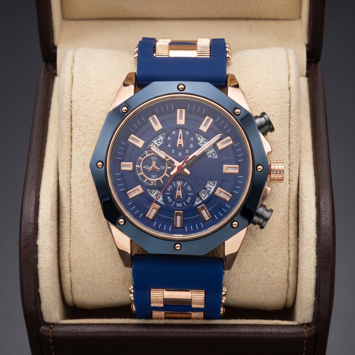 Side view of men's durable watch showing black silicone strap & stainless steel case. Sport style.
