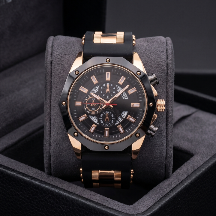 Front view of men's durable stainless steel watch with blue silicone strap. Sapphire crystal, men's fashion.