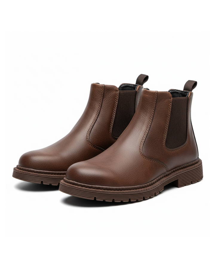 Men's durable steel toe Chelsea work boots, slip-on safety footwear with traction.