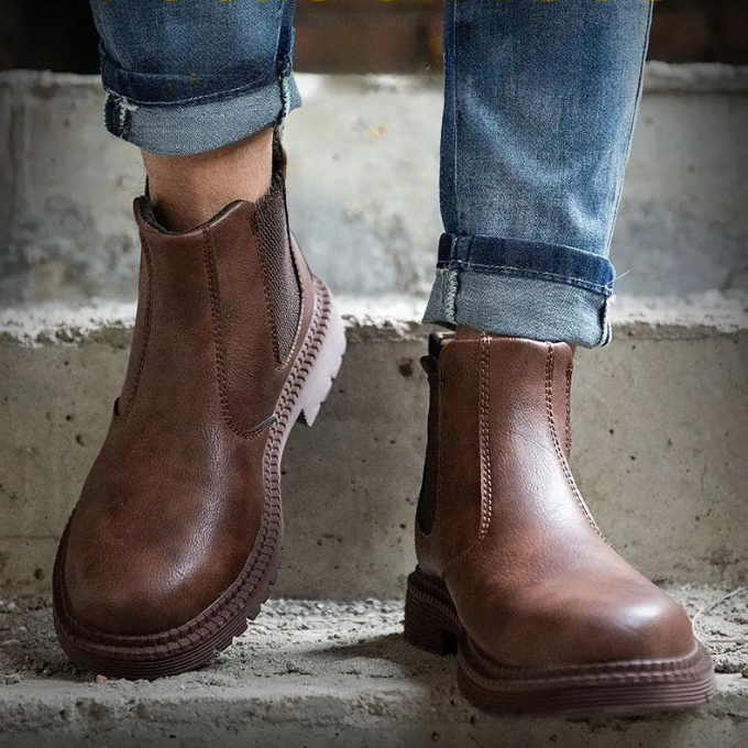 Protective men's slip-on Chelsea work boots with steel toe for hazardous environments.