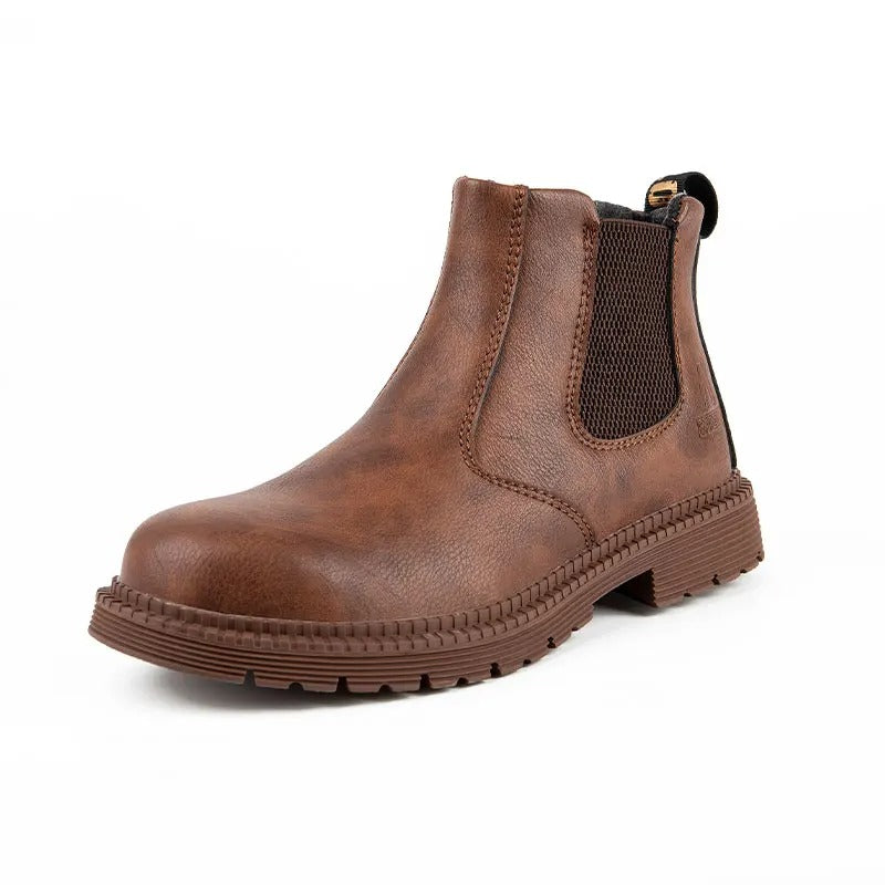 Heavy-duty men's steel toe Chelsea boots, robust workwear with strong traction and durability.