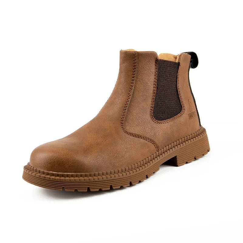 Slip-on men's protective steel toe Chelsea work boots, built for tough work conditions.
