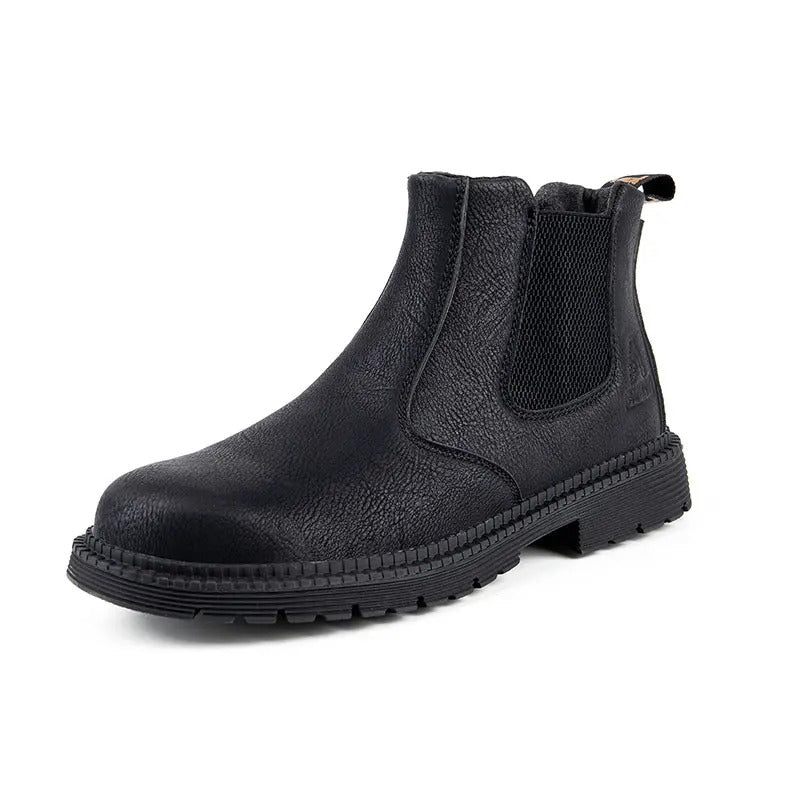 Durable men's work boots: steel toe Chelsea style, offering safety, comfort, and traction.