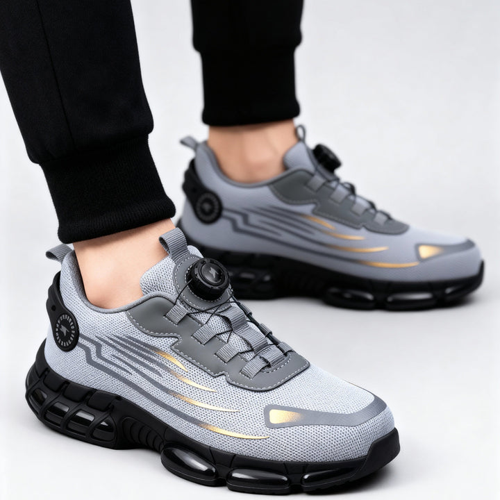 Heavy-duty men's work shoes, steel toe protected, ensuring durability & safety in tough conditions.