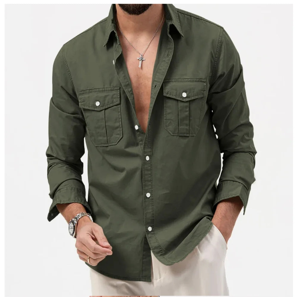 Men's durable tactical button-up shirt, perfect for outdoor adventure & travel.