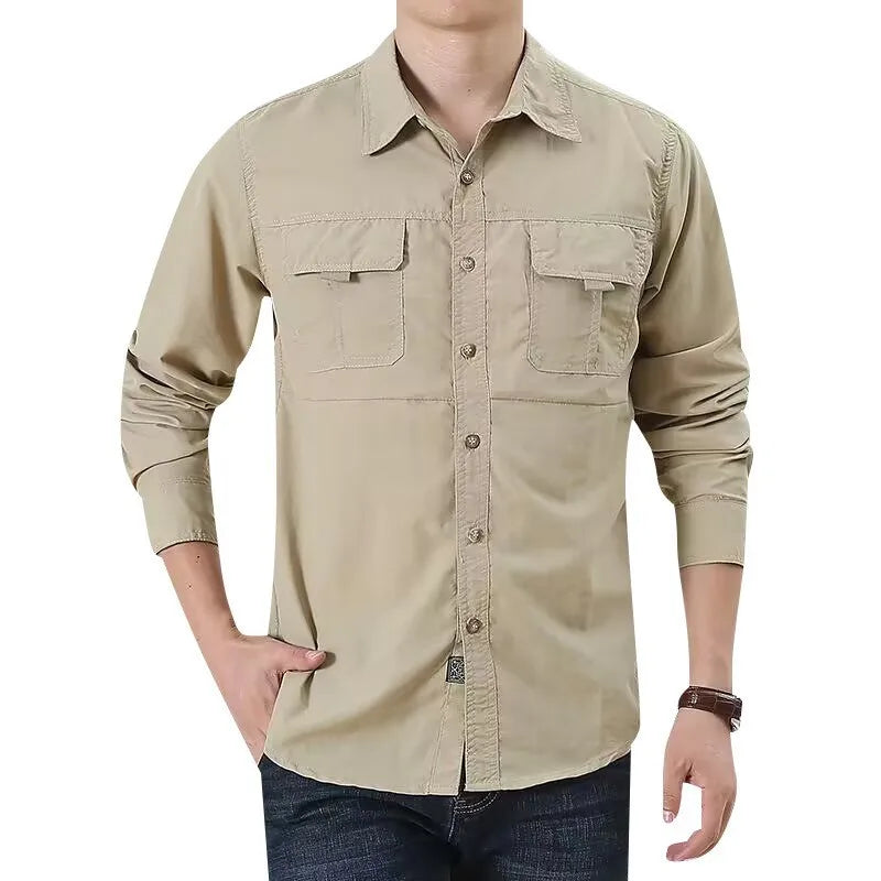 Men's durable button-up tactical shirt, essential outdoor gear for any adventure.