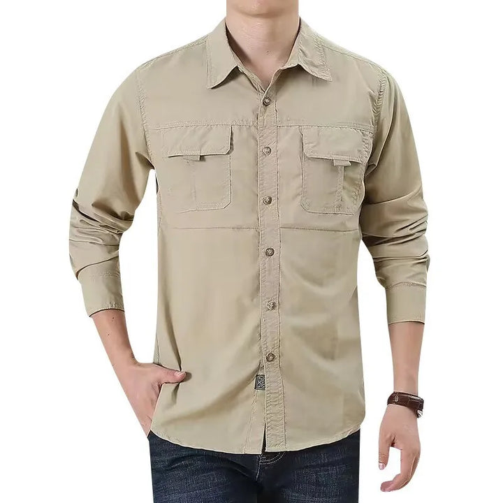 Men's durable button-up tactical shirt, essential outdoor gear for any adventure.