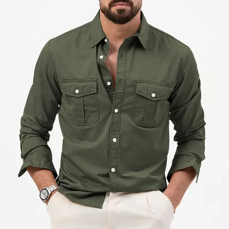 Versatile men's performance button-up shirt: durable, quick-dry, ideal for travel & utility.