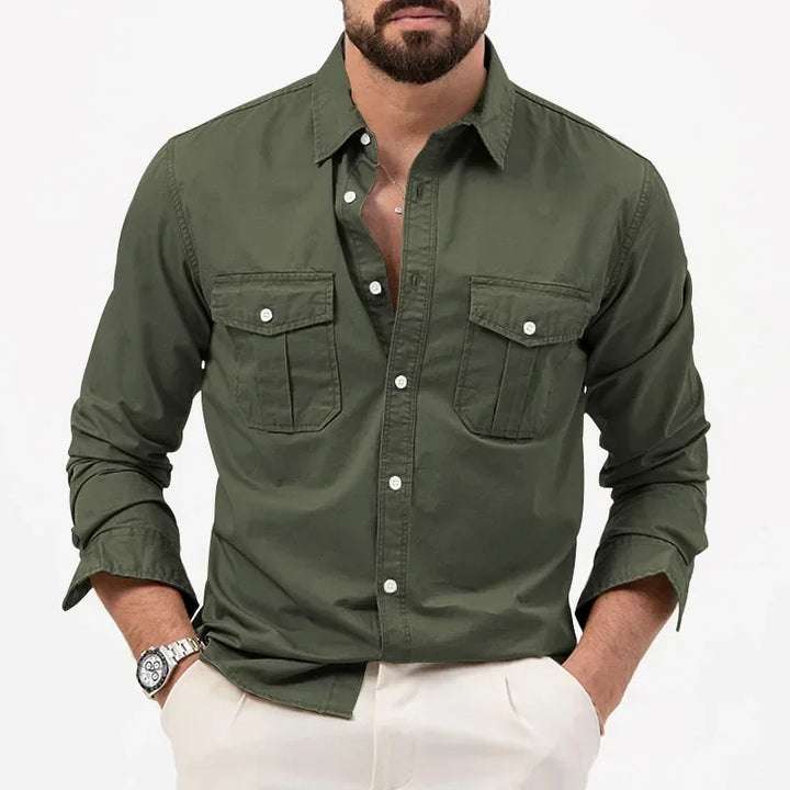 Versatile men's performance button-up shirt: durable, quick-dry, ideal for travel & utility.